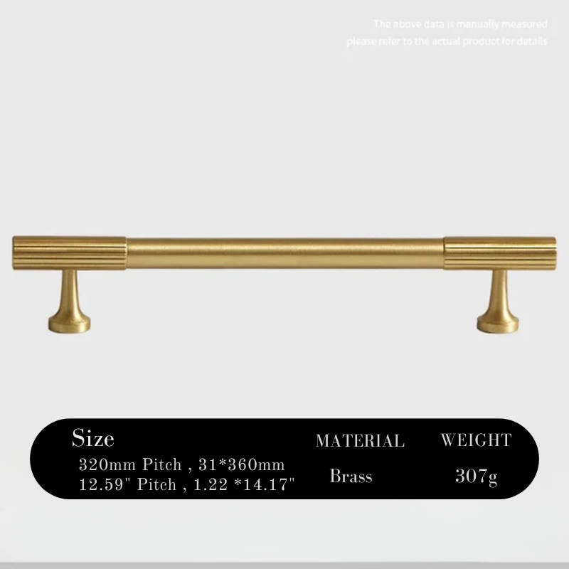 Gold cabinet handle with specifications on a white background