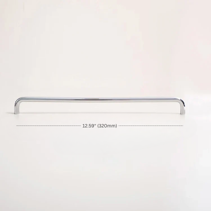 Chrome cabinet handle with measurement on a white background