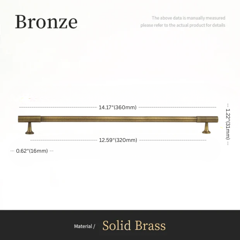 Measurement chart of a bronze cabinet handle with dimensions on a white background.