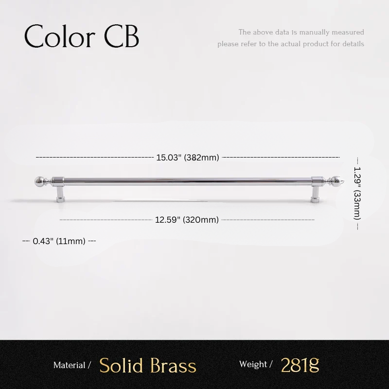 Measurement chart for a solid brass pull handle with dimensions and material details.