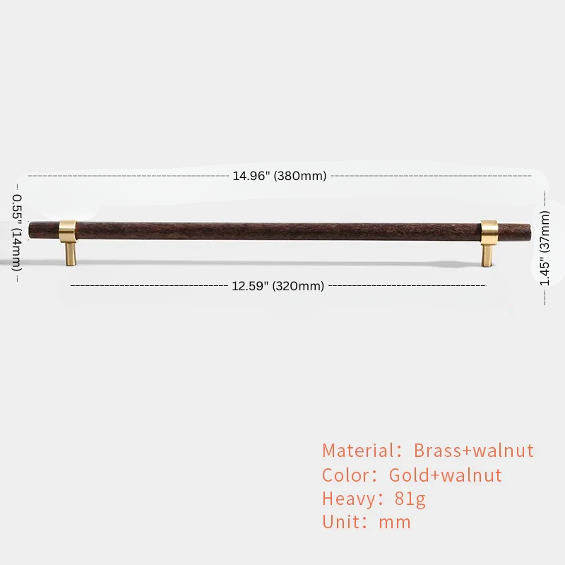 Measurement chart of a brass and walnut handle with dimensions and material details.
