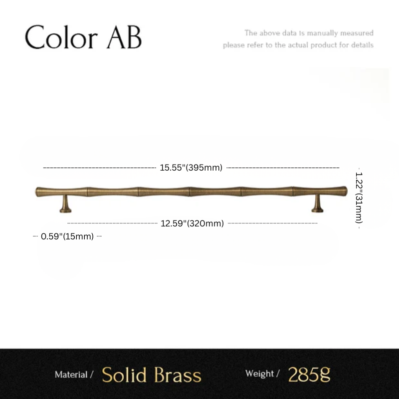 Measurement chart for a solid brass handle with dimensions and material details.