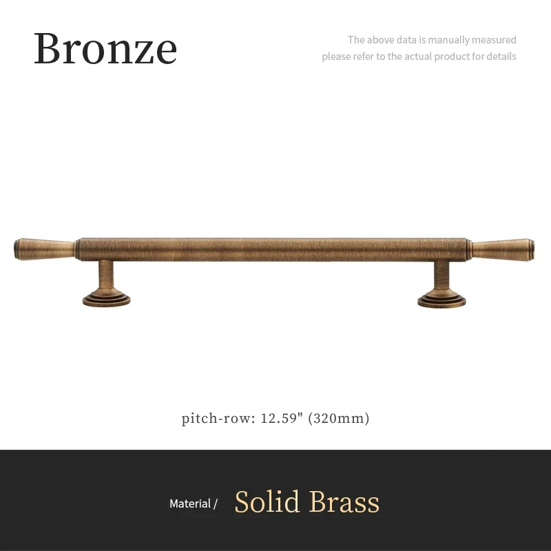Bronze cabinet pull on a white background with text indicating material and measurement details.
