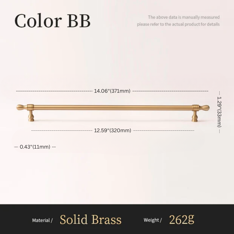 Measurement chart for a solid brass handle with dimensions and material details.