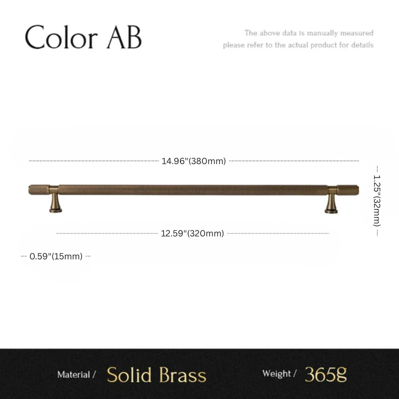Measurement chart for a solid brass handle with dimensions and material details.