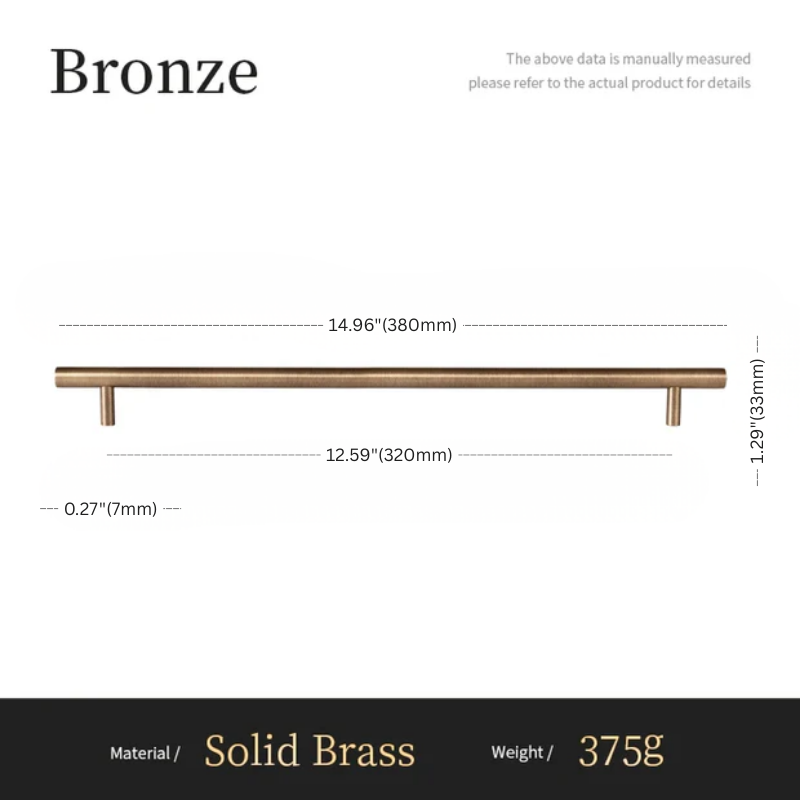 Measurement chart for a bronze handle with dimensions and material details.