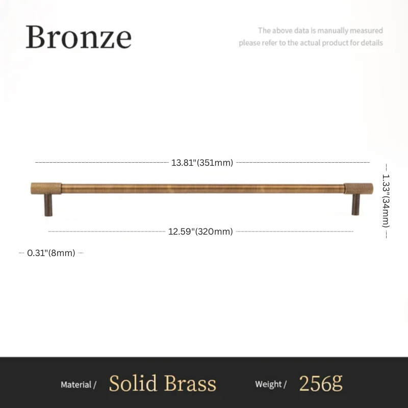 Measurement chart of a bronze handle with dimensions and material details on a white background.