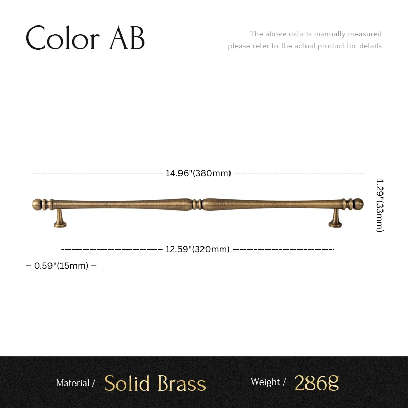 Measurement chart of a solid brass handle with dimensions and material details.