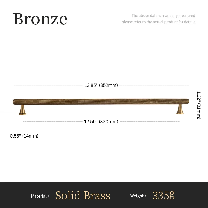 Measurement chart for a bronze cabinet handle with dimensions and material details.