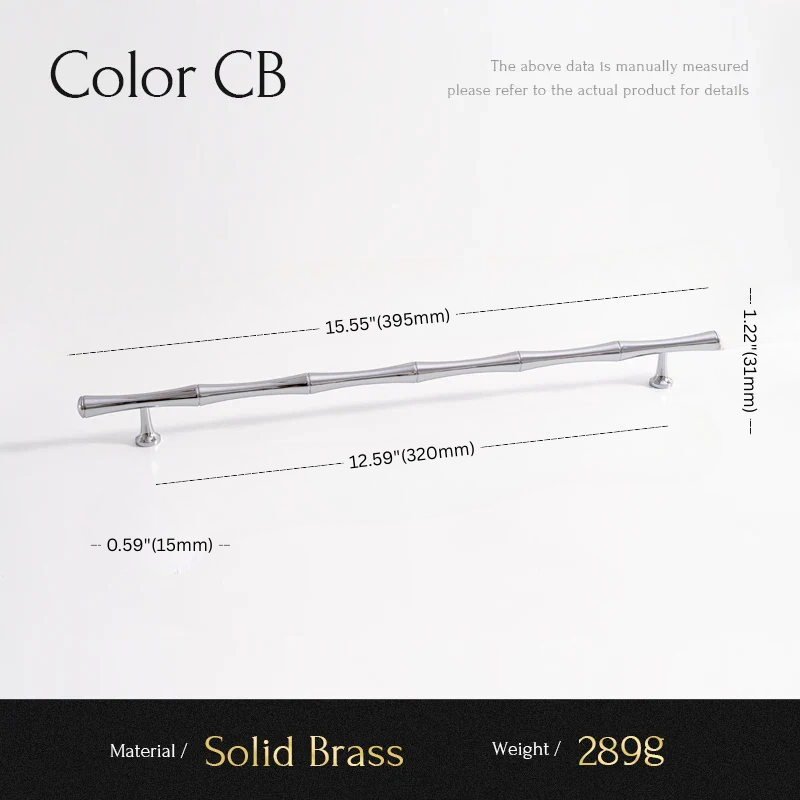 Measurement chart for a solid brass handle with dimensions and material details.