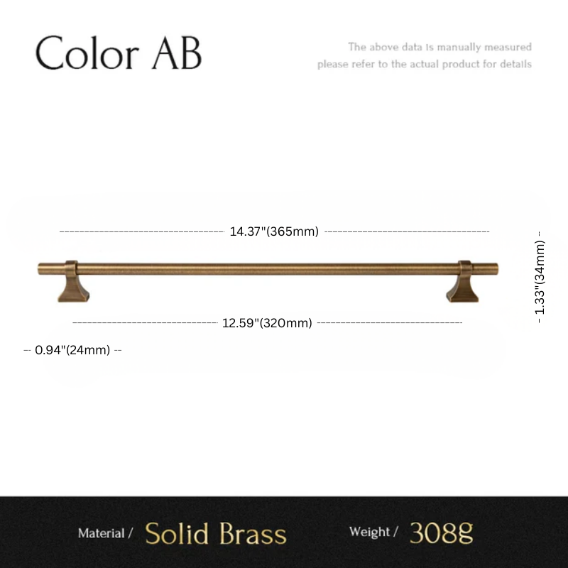 Measurement chart for a solid brass cabinet handle with dimensions and material details.