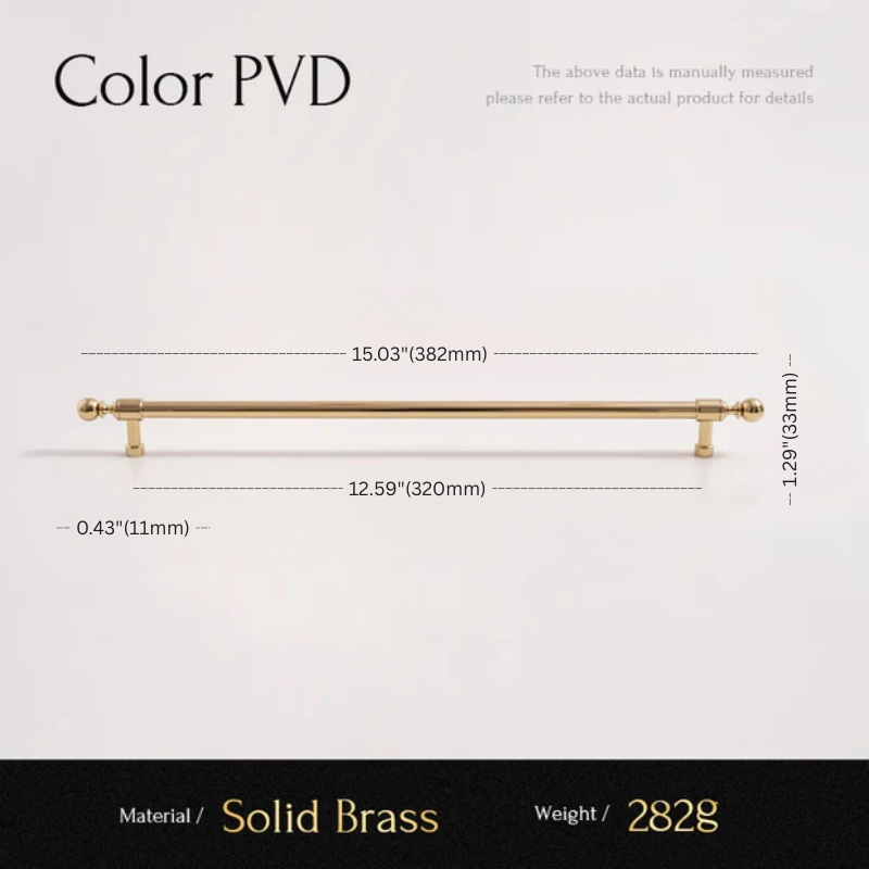 Gold cabinet handle with measurements and material details on a white background