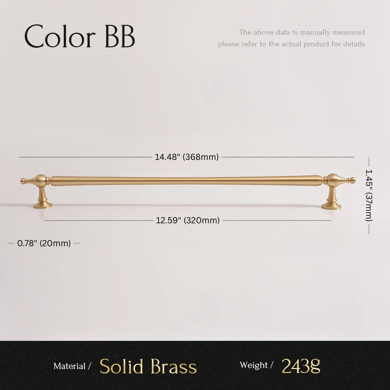 Solid brass handle with dimensions and material details on a white background