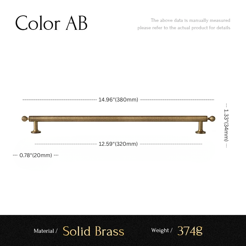 Measurement chart for a solid brass pull handle with dimensions and material details.