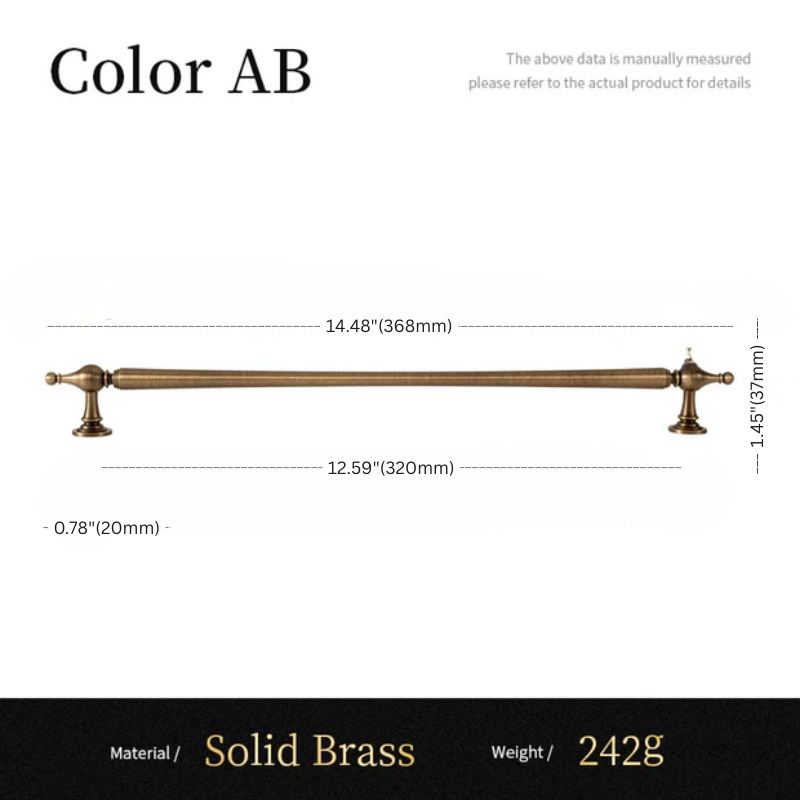 Measurement chart of a solid brass handle with dimensions and material details.