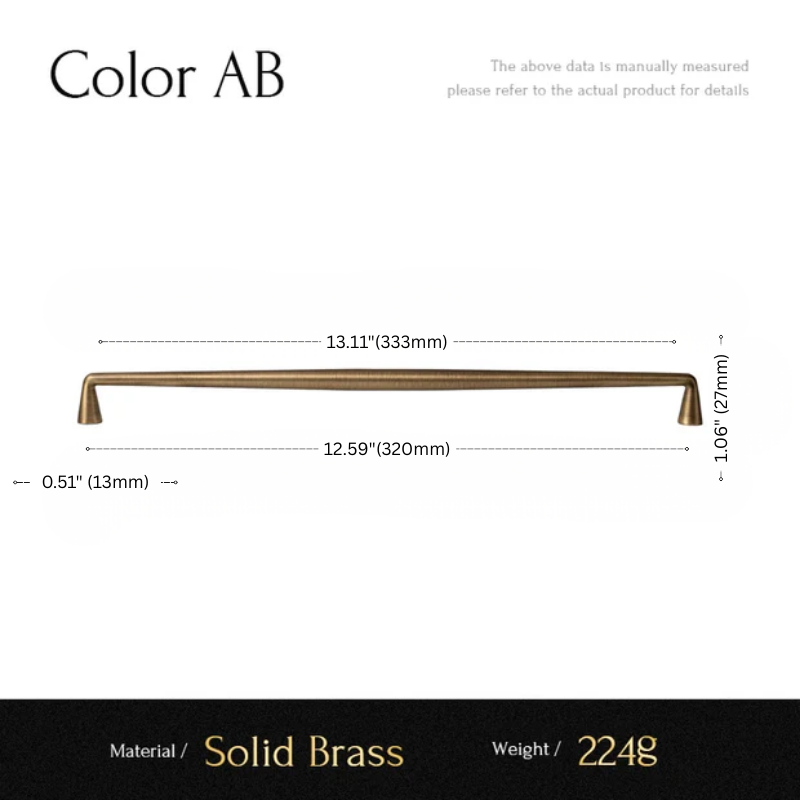 Measurement chart for a solid brass handle with dimensions and material details.