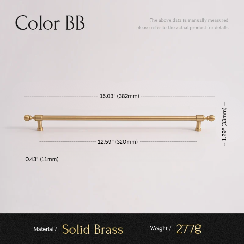 Measurement chart for a solid brass cabinet handle with dimensions and material details.