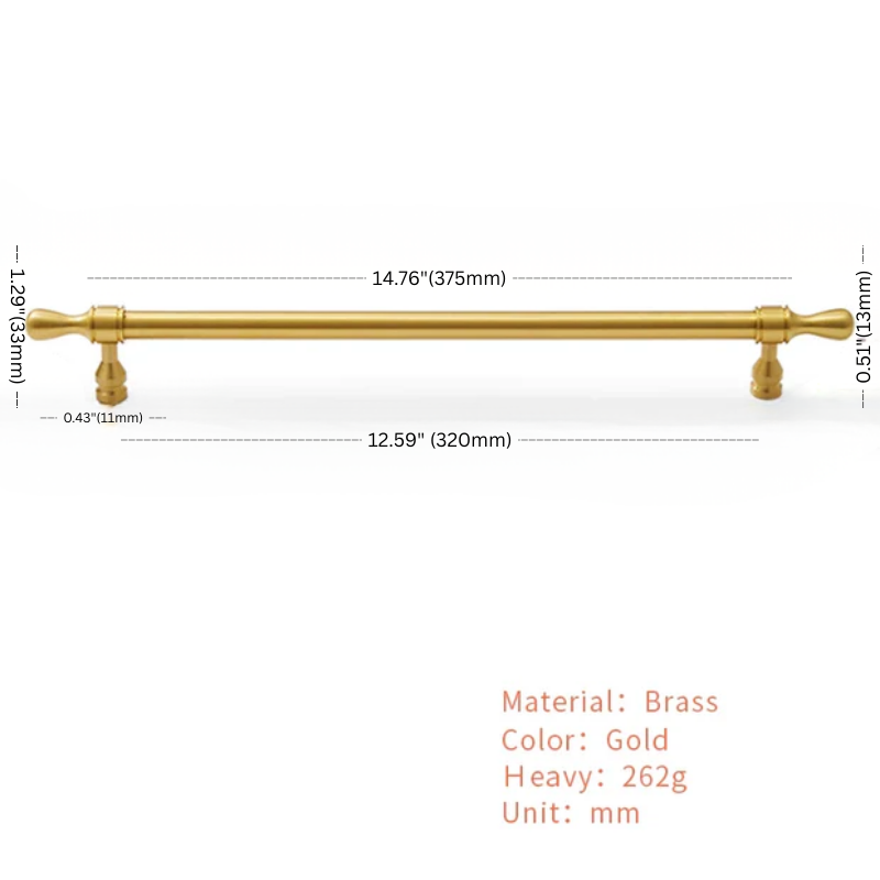 Gold curtain rod with measurements on a white background
