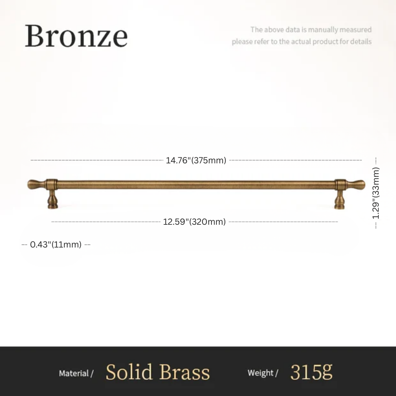 Measurement chart of a bronze handle with dimensions and material details on a white background.