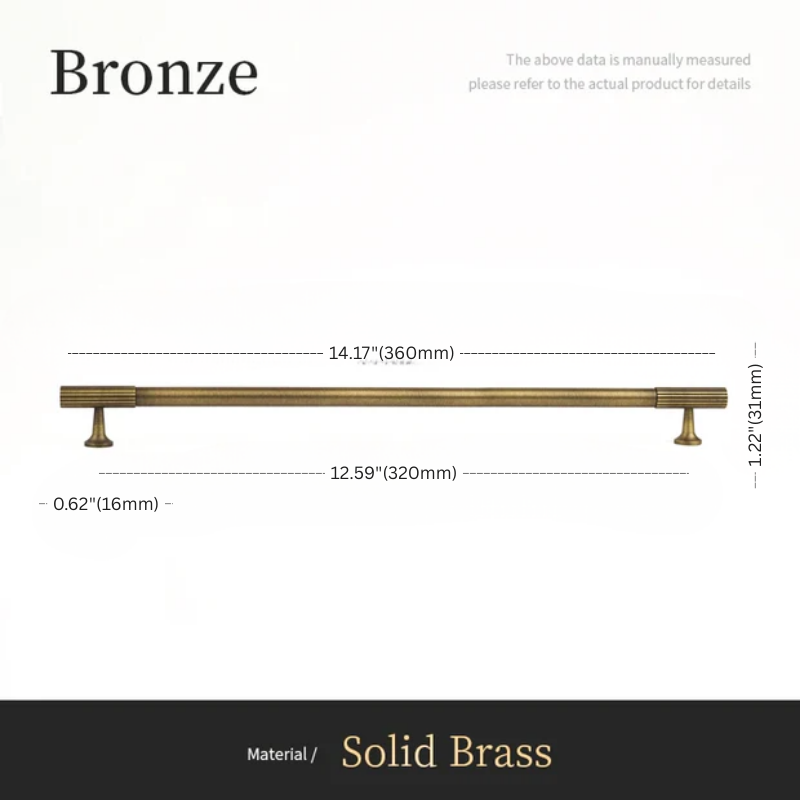Measurement chart of a bronze cabinet handle with dimensions on a white background.