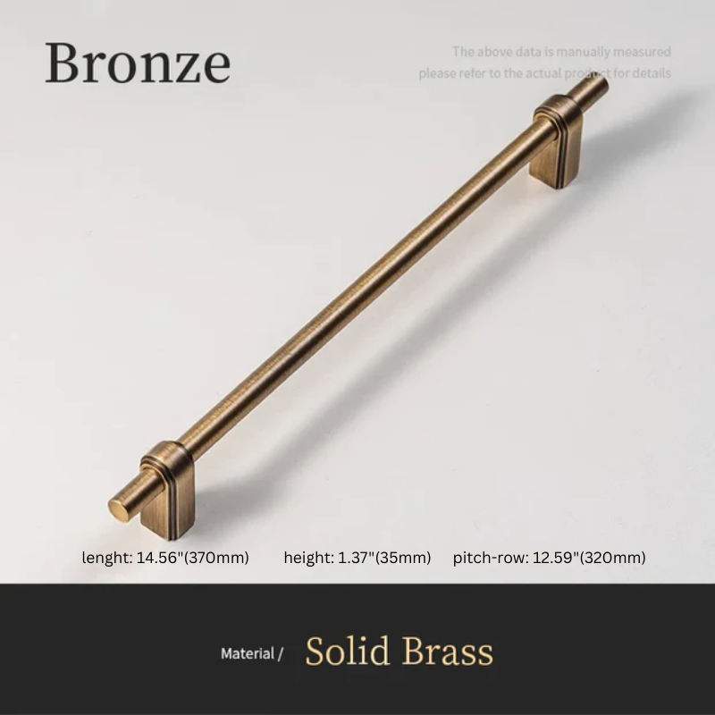 Bronze cabinet handle with dimensions on a light gray background