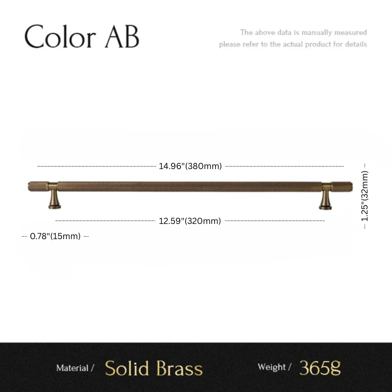 Measurement chart for a solid brass pull handle with dimensions and material details.