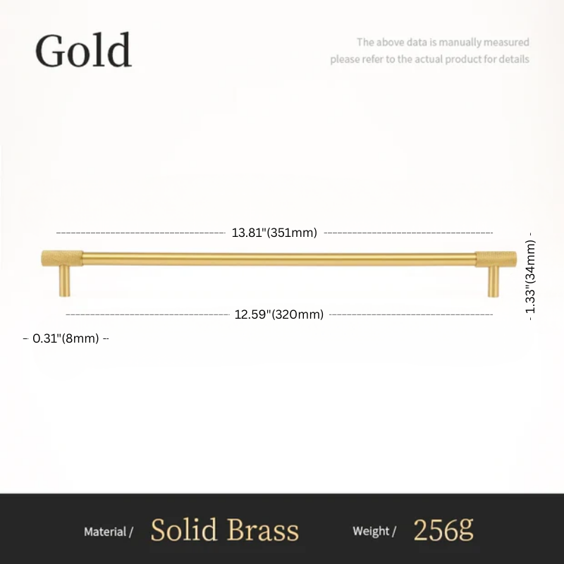 Gold cabinet handle with dimensions and material details on a white background