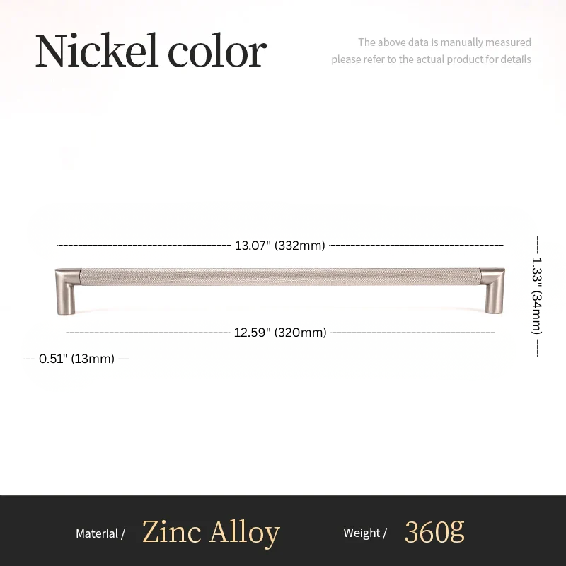 Measurement chart for a nickel-colored cabinet handle with dimensions and material details.