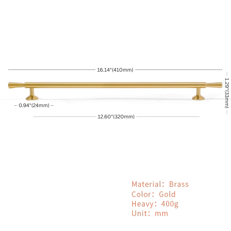 Gold handle with measurements on a white background