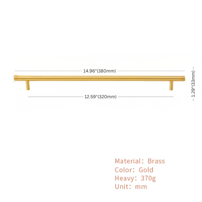 Gold cabinet handle with dimensions and material details on a white background