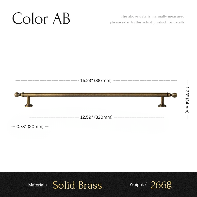 Measurement chart for a solid brass pull handle with dimensions and material details.