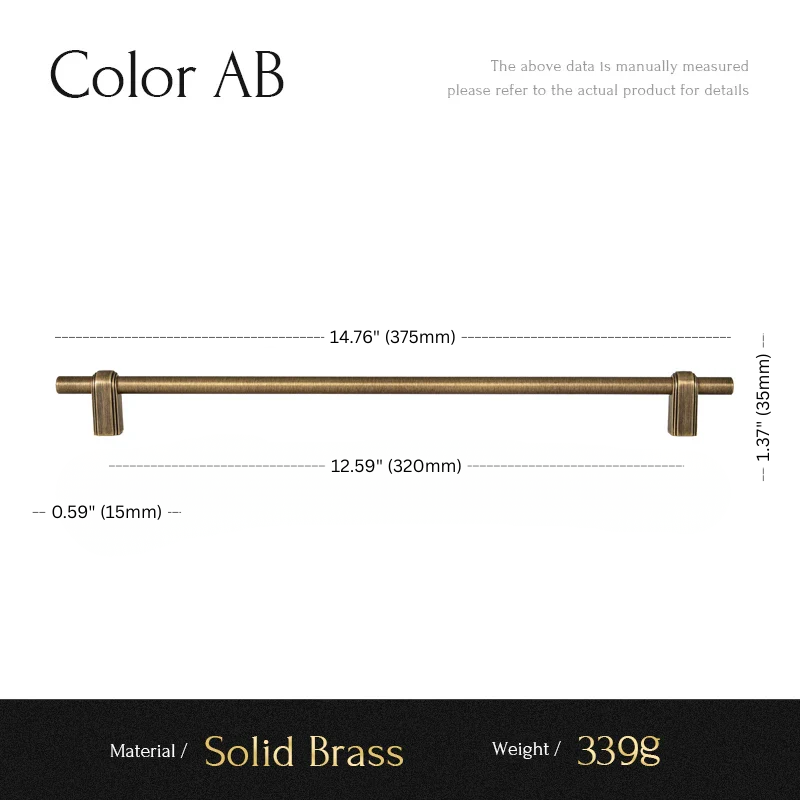 Measurement chart of a solid brass pull handle with dimensions and material details.