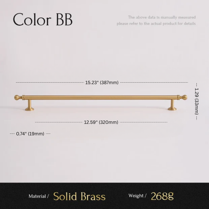 Gold cabinet handle with measurements and material details on a light gray background