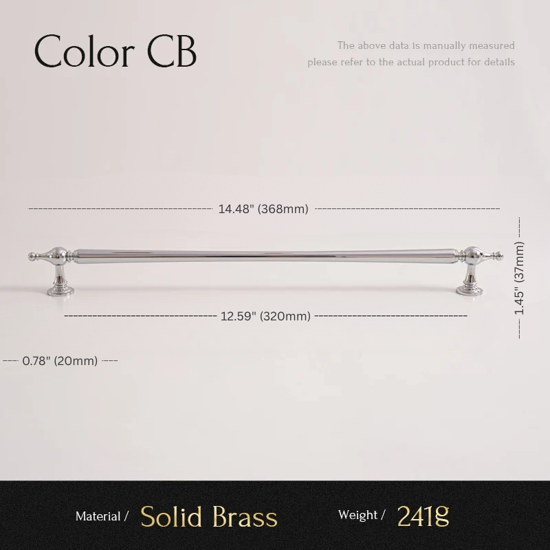 Measurement chart for a solid brass handle with dimensions and material details.
