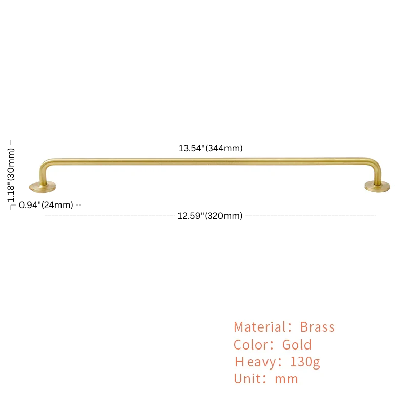 Gold cabinet handle with measurements on a white background