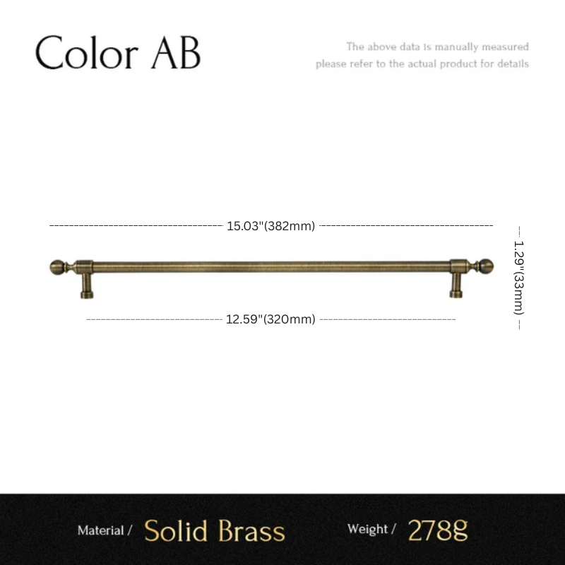 Measurement chart for a solid brass pull handle with dimensions and material details.