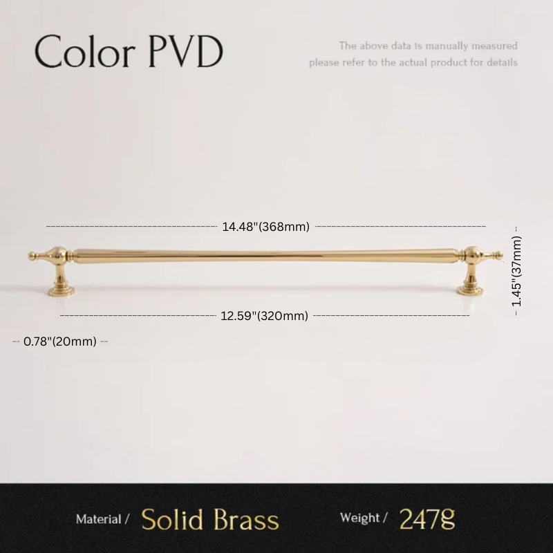 Gold cabinet handle with dimensions and material details on a white background