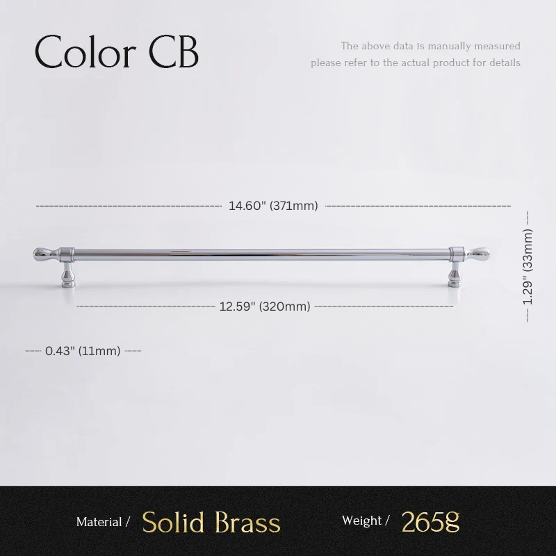 Measurement chart for a solid brass handle with dimensions and material details.