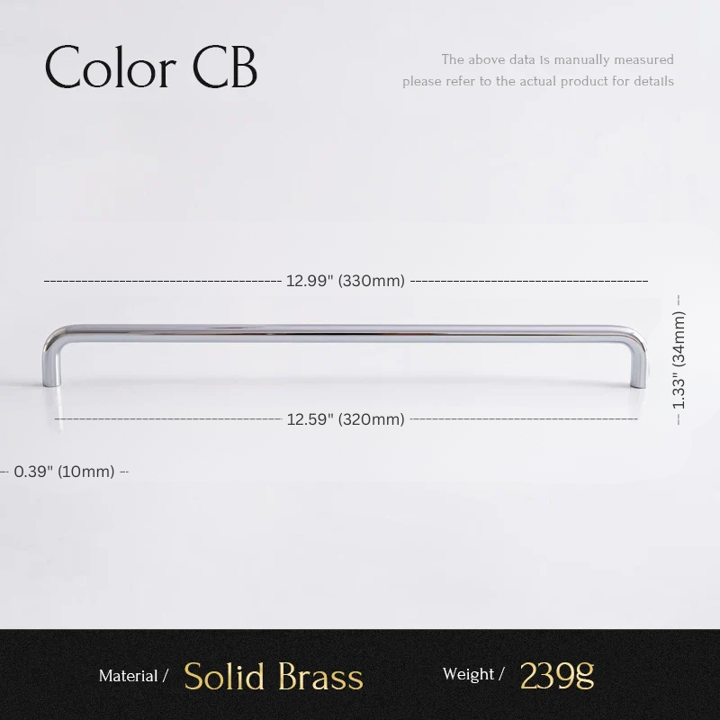Measurement chart for a solid brass handle with dimensions and material details.