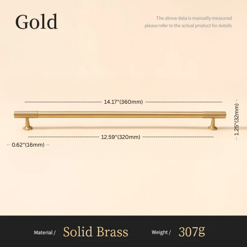 Gold cabinet handle with dimensions and material details on a beige background