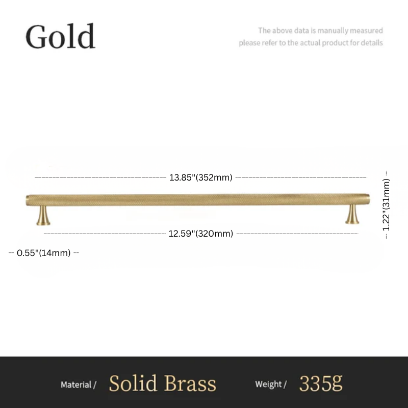 Measurement chart of a gold cabinet handle with dimensions and material details.