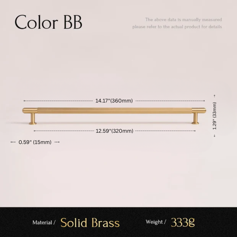 Measurement chart for a solid brass handle with dimensions and material details.