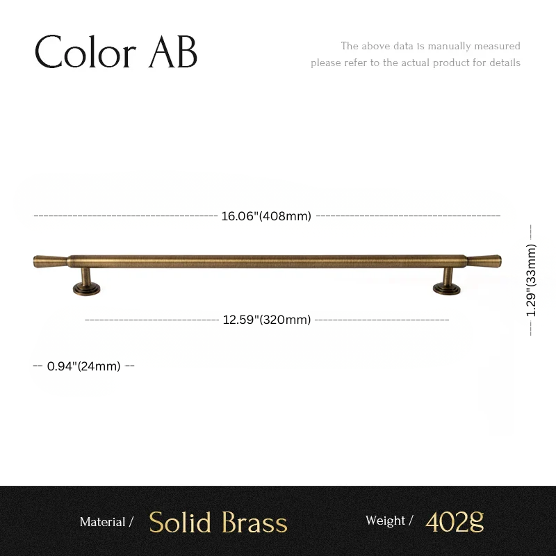 Measurement chart for a solid brass handle with dimensions and material details.