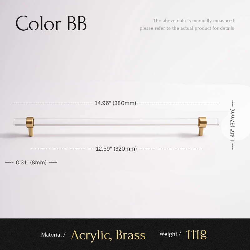 Measurement chart for an acrylic and brass cabinet handle with dimensions and material details.