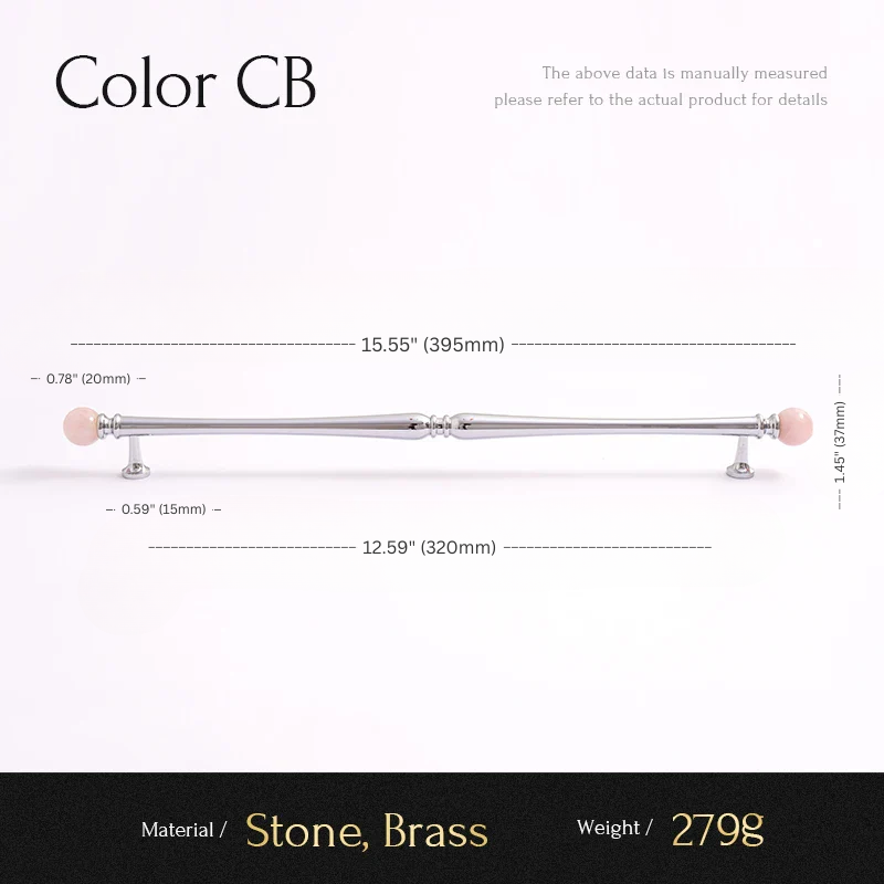 Measurement chart for a decorative rod with stone and brass components, showing dimensions and material details.