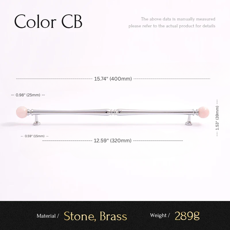 Measurement chart for a decorative item with stone and brass components, showing dimensions and weight.