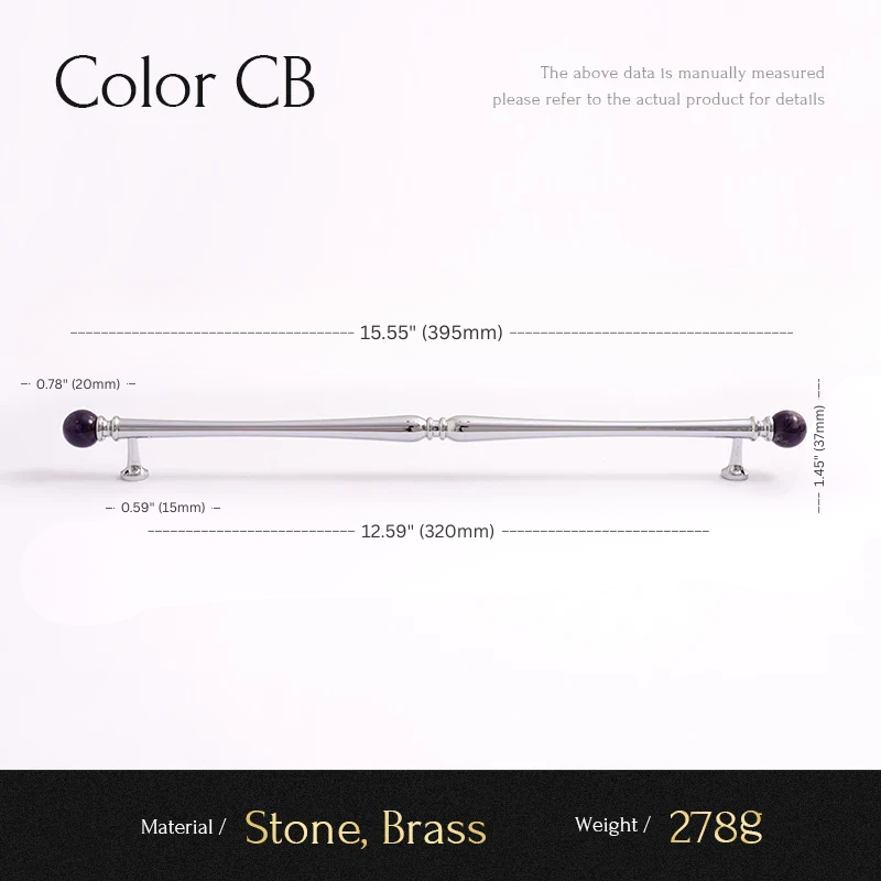 Measurement chart for a decorative item with stone and brass components, showing dimensions and material details.