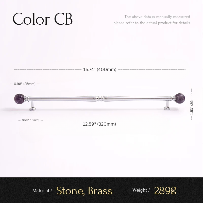 Measurement chart for a decorative item with stone and brass components, showing dimensions and material details.
