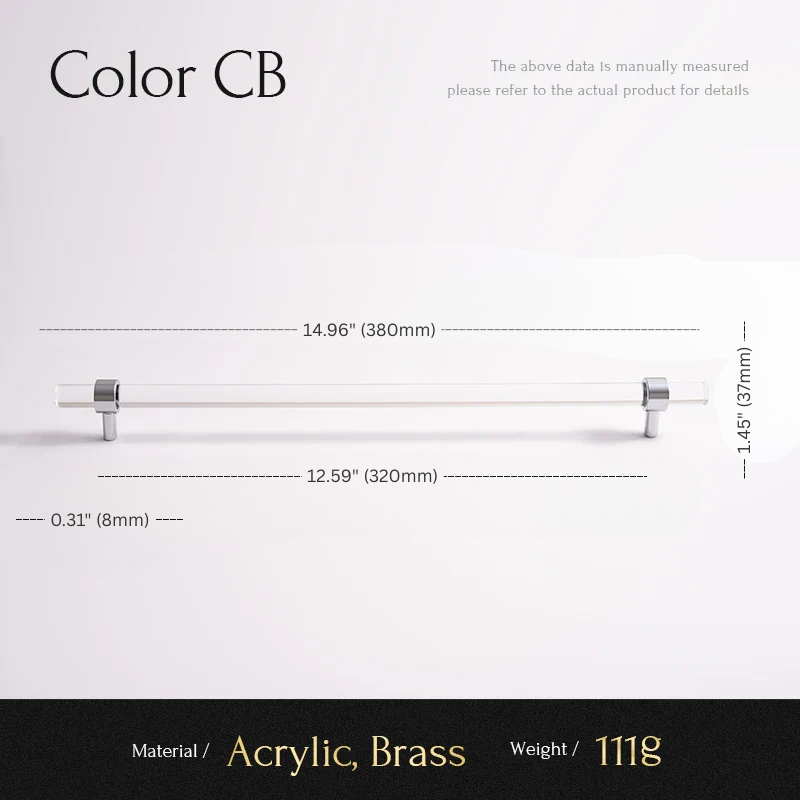 Measurement chart for a cabinet handle with dimensions and material details on a white background.