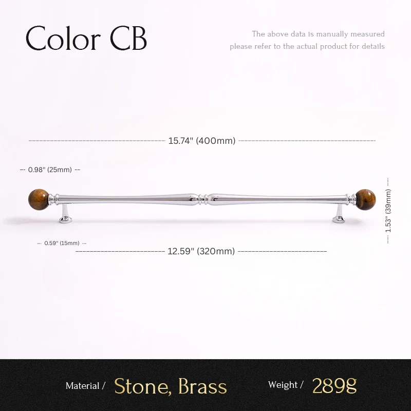 Measurement chart for a decorative item with stone and brass components on a white background.
